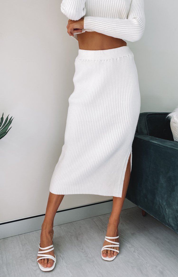 Solara Ribbed Midi Skirt White Image